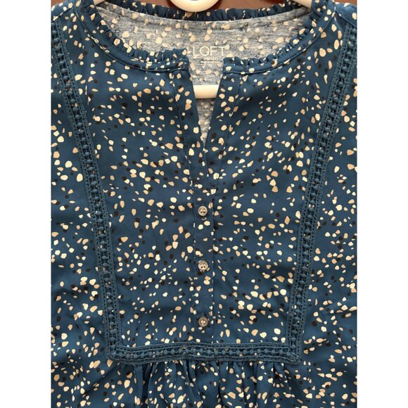 LOFT Blue Confetti Dot Long Sleeve Split Neck Smocked Casual Blouse Size XL - Picture 6 of 12